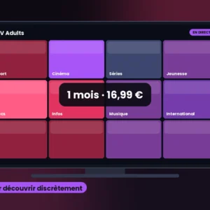 Abonnement IPTV adulte 1 mois affiché sur une télévision dans un salon, bouquet 18+ masqué par un code PIN