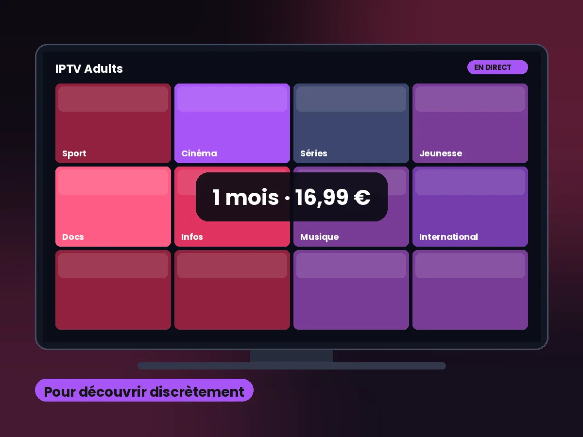 Abonnement IPTV adulte 1 mois affiché sur une télévision dans un salon, bouquet 18+ masqué par un code PIN