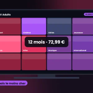 Abonnement IPTV adulte 12 mois sur un téléviseur 4K, formule annuelle avec bouquet 18+ masqué par code PIN