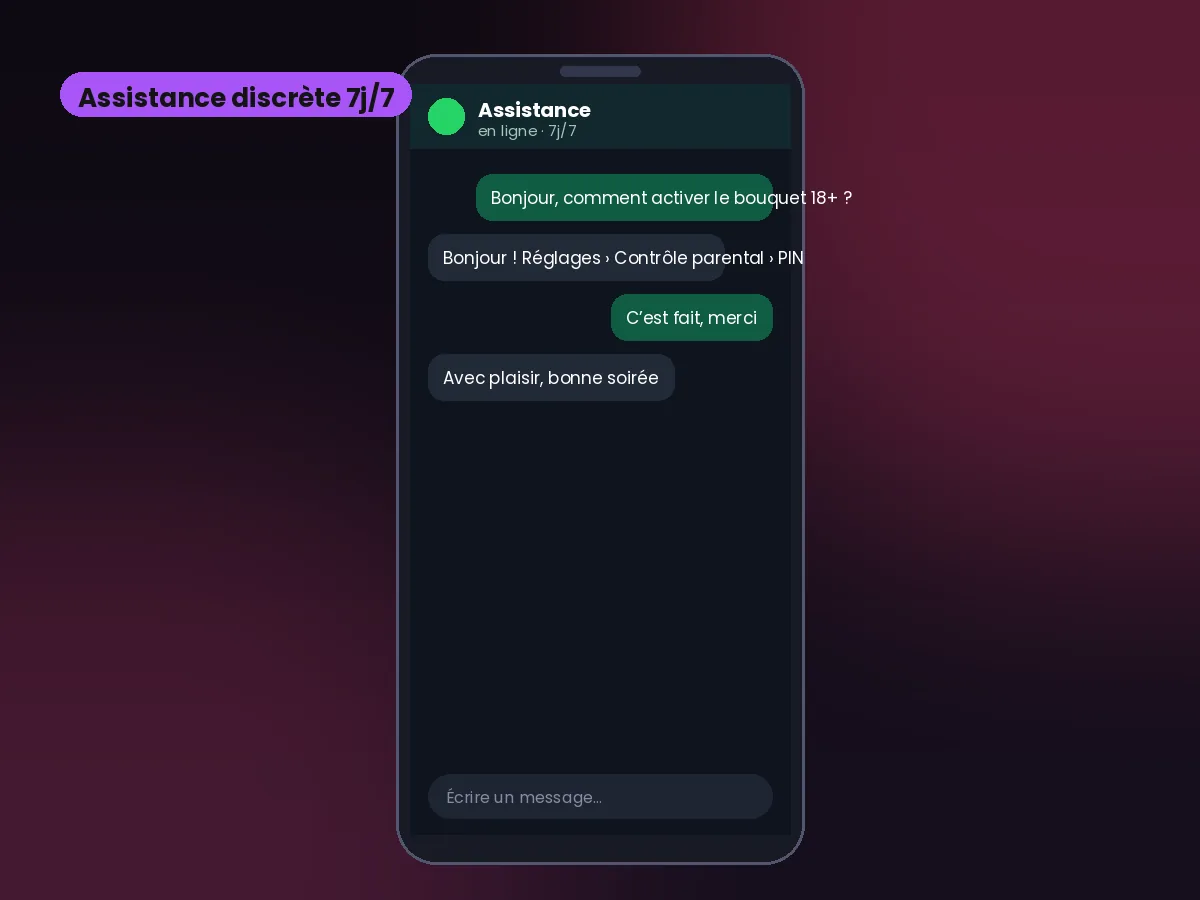 Équipe IPTV Adults, service IPTV adulte francophone avec assistance discrète 7j/7