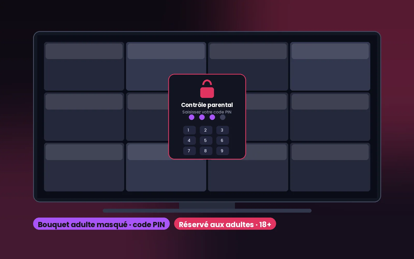 Abonnement IPTV adulte discret avec bouquet 18+ masqué par code PIN sur Smart TV