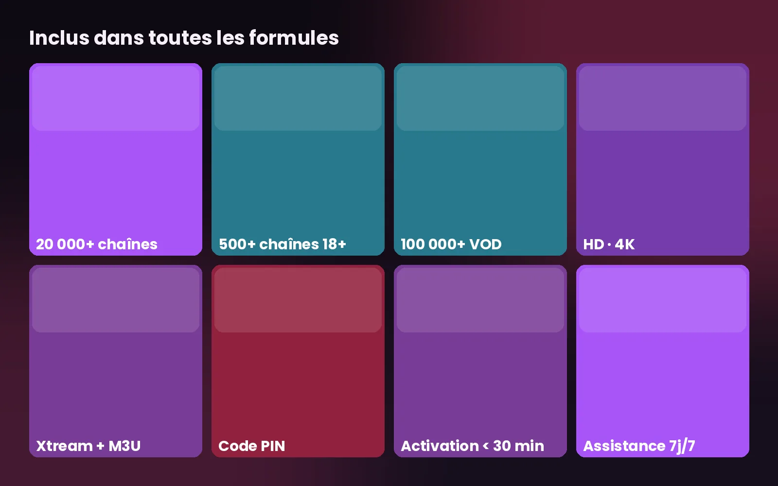 Contenu inclus dans toutes les formules IPTV adulte : chaînes, VOD, bouquet 18+ et PIN